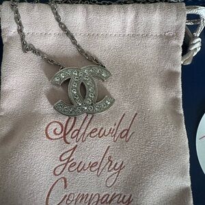 Chanel Silver Crystal Logo Necklace